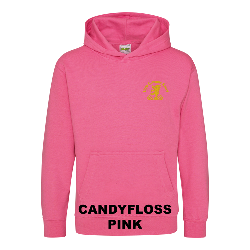 Frontal view of the candyfloss pink colour 2026 leavers' hoodie for Little Common School. The school's emblem is embroidered on the left breast.