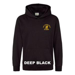 Frontal view of the deep black colour 2026 leavers' hoodie for Little Common School. The school's emblem is embroidered on the left breast.