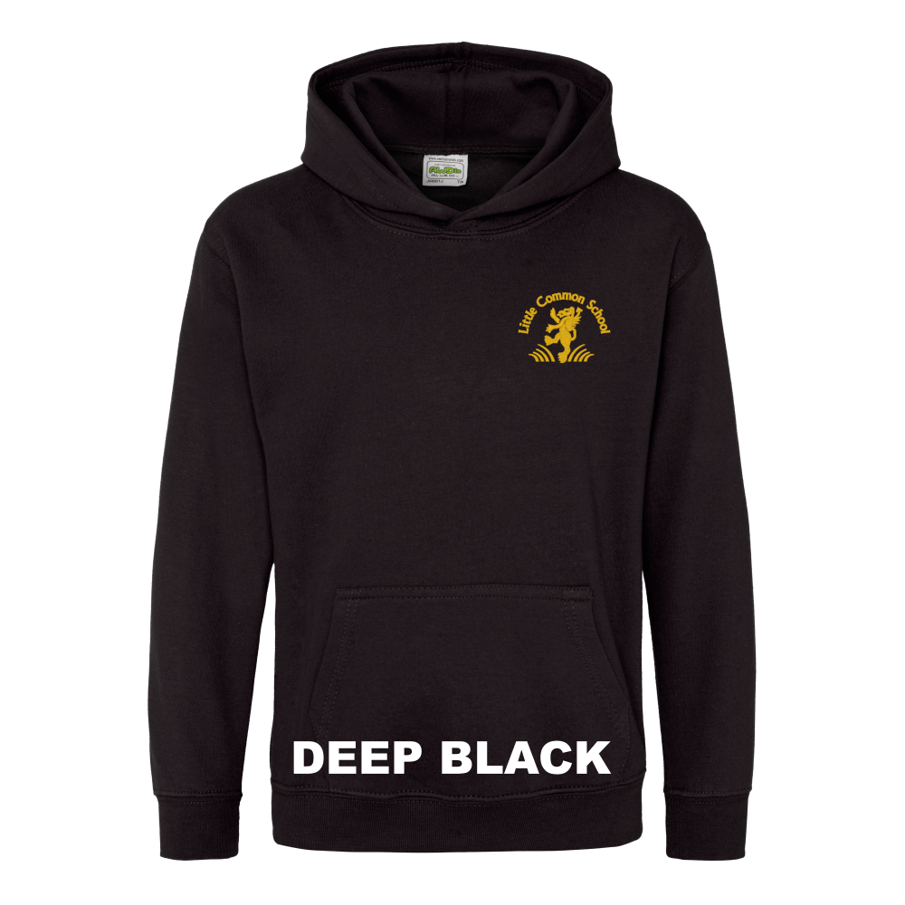 Frontal view of the deep black colour 2026 leavers' hoodie for Little Common School. The school's emblem is embroidered on the left breast.
