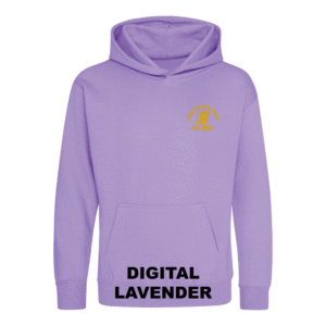 Frontal view of the digital lavender colour 2026 leavers' hoodie for Little Common School. The school's emblem is embroidered on the left breast.
