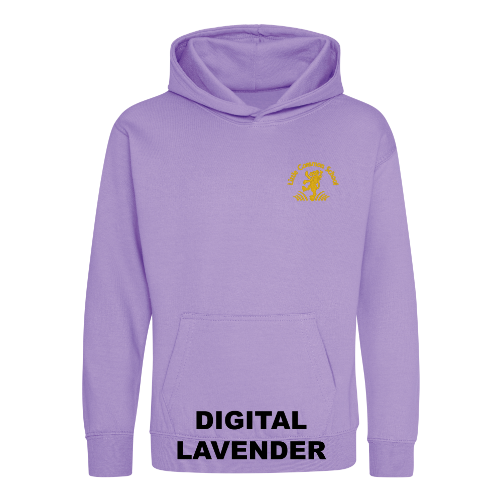 Frontal view of the digital lavender colour 2026 leavers' hoodie for Little Common School. The school's emblem is embroidered on the left breast.