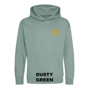 Frontal view of the dusty green colour 2026 leavers' hoodie for Little Common School. The school's emblem is embroidered on the left breast.