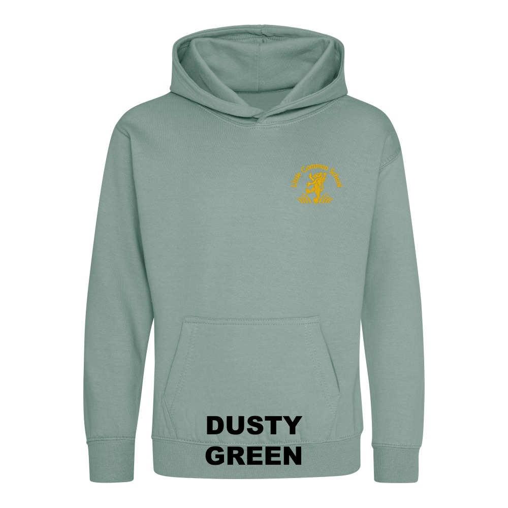 Frontal view of the dusty green colour 2026 leavers' hoodie for Little Common School. The school's emblem is embroidered on the left breast.