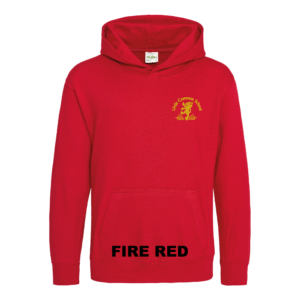Frontal view of the fire red colour 2026 leavers' hoodie for Little Common School. The school's emblem is embroidered on the left breast.