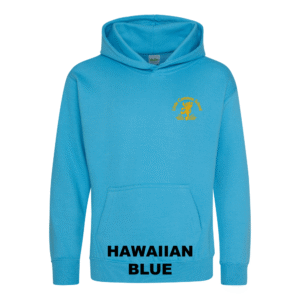 Frontal view of the Hawaiian blue colour 2026 leavers' hoodie for Little Common School. The school's emblem is embroidered on the left breast.