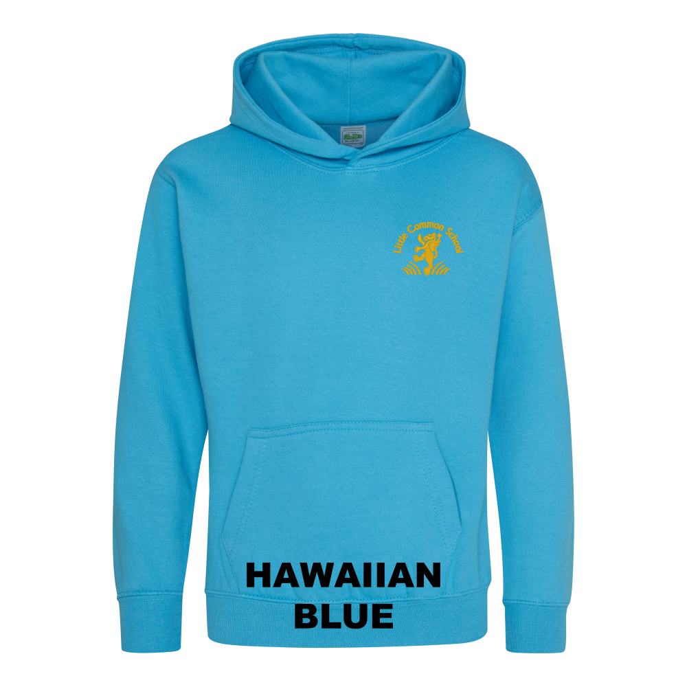Frontal view of the Hawaiian blue colour 2026 leavers' hoodie for Little Common School. The school's emblem is embroidered on the left breast.