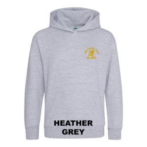 Frontal view of the heather grey colour 2026 leavers' hoodie for Little Common School. The school's emblem is embroidered on the left breast.