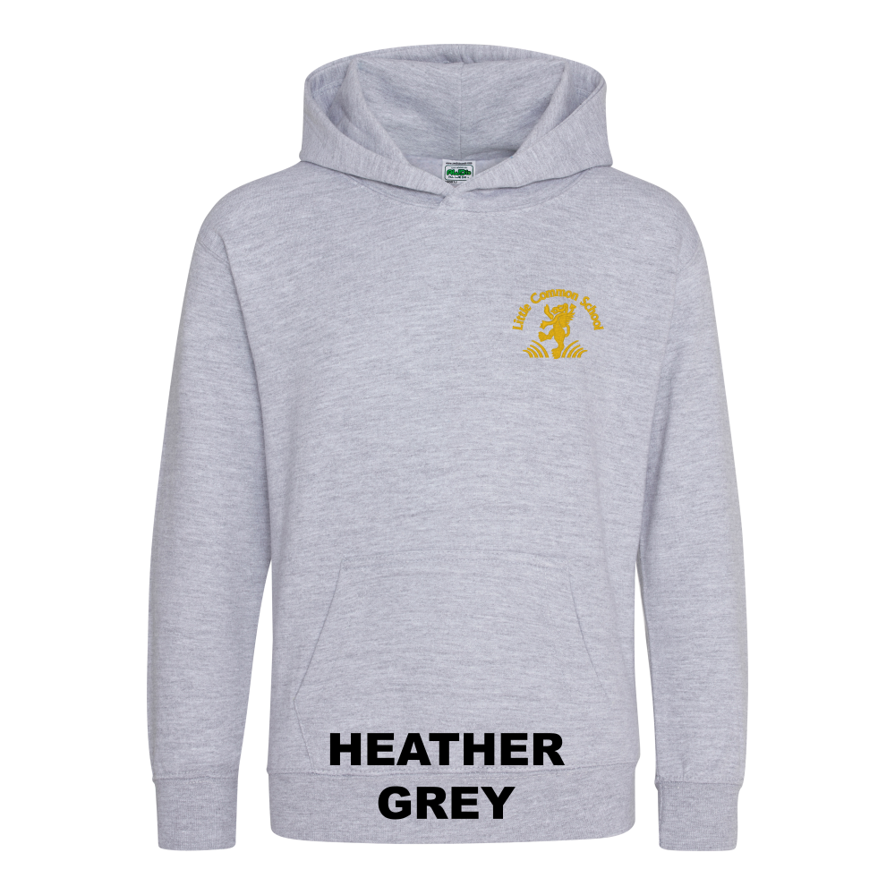 Frontal view of the heather grey colour 2026 leavers' hoodie for Little Common School. The school's emblem is embroidered on the left breast.