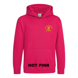 Frontal view of the hot pink colour 2026 leavers' hoodie for Little Common School. The school's emblem is embroidered on the left breast.