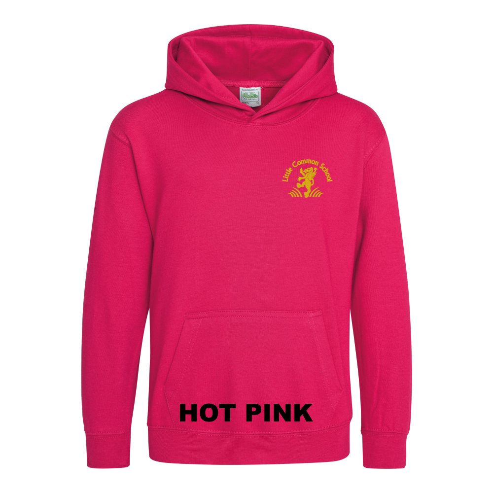 Frontal view of the hot pink colour 2026 leavers' hoodie for Little Common School. The school's emblem is embroidered on the left breast.