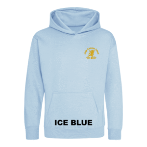 Frontal view of the ice blue colour 2026 leavers' hoodie for Little Common School. The school's emblem is embroidered on the left breast.
