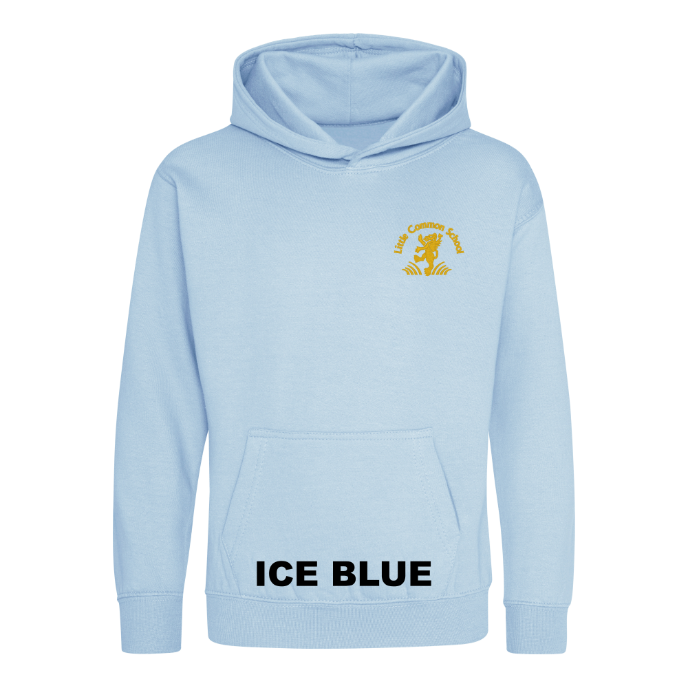 Frontal view of the ice blue colour 2026 leavers' hoodie for Little Common School. The school's emblem is embroidered on the left breast.