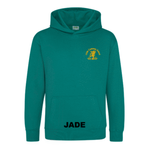 Frontal view of the jade colour 2026 leavers' hoodie for Little Common School. The school's emblem is embroidered on the left breast.