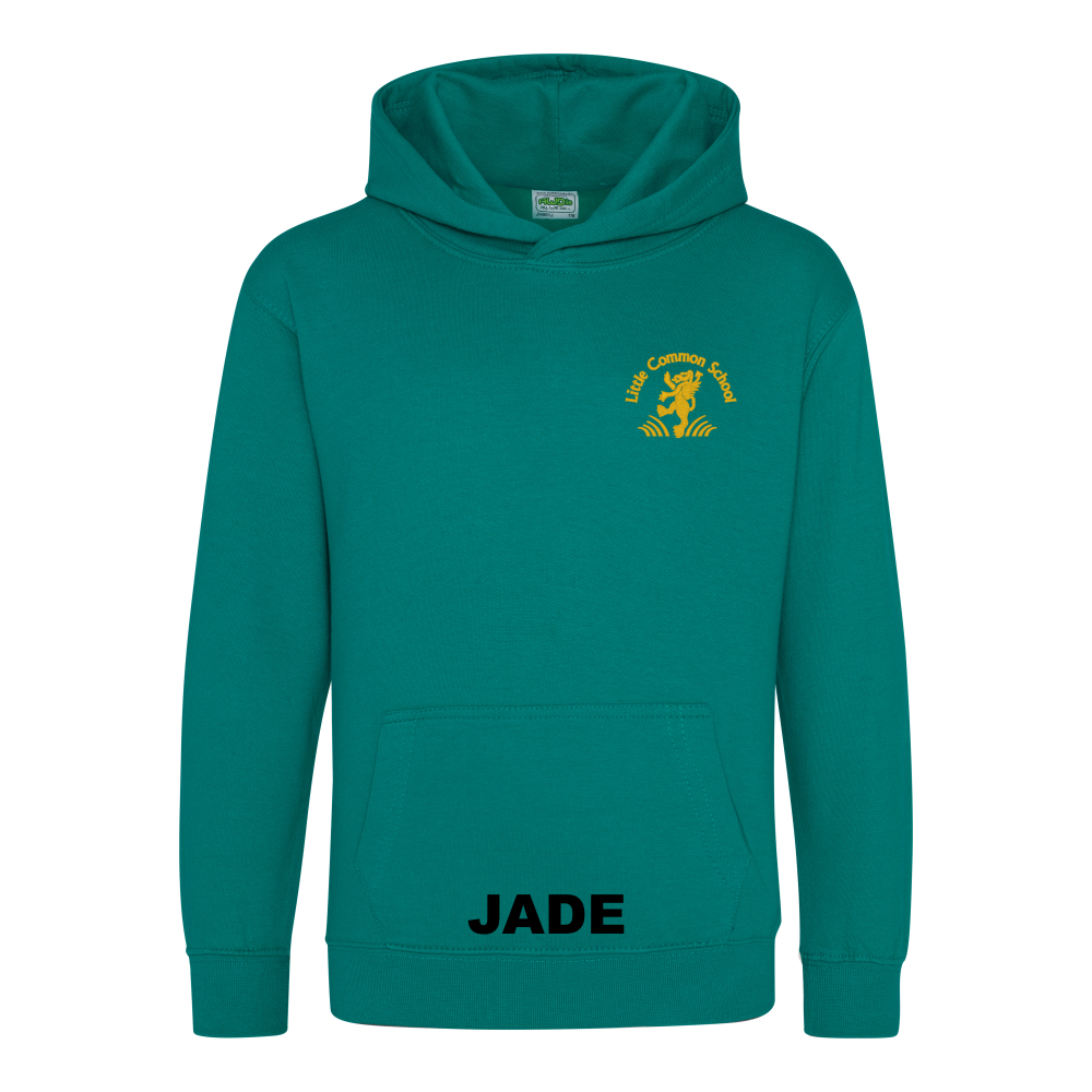 Frontal view of the jade colour 2026 leavers' hoodie for Little Common School. The school's emblem is embroidered on the left breast.