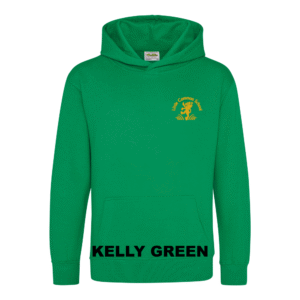 Frontal view of the kelly green colour 2026 leavers' hoodie for Little Common School. The school's emblem is embroidered on the left breast.