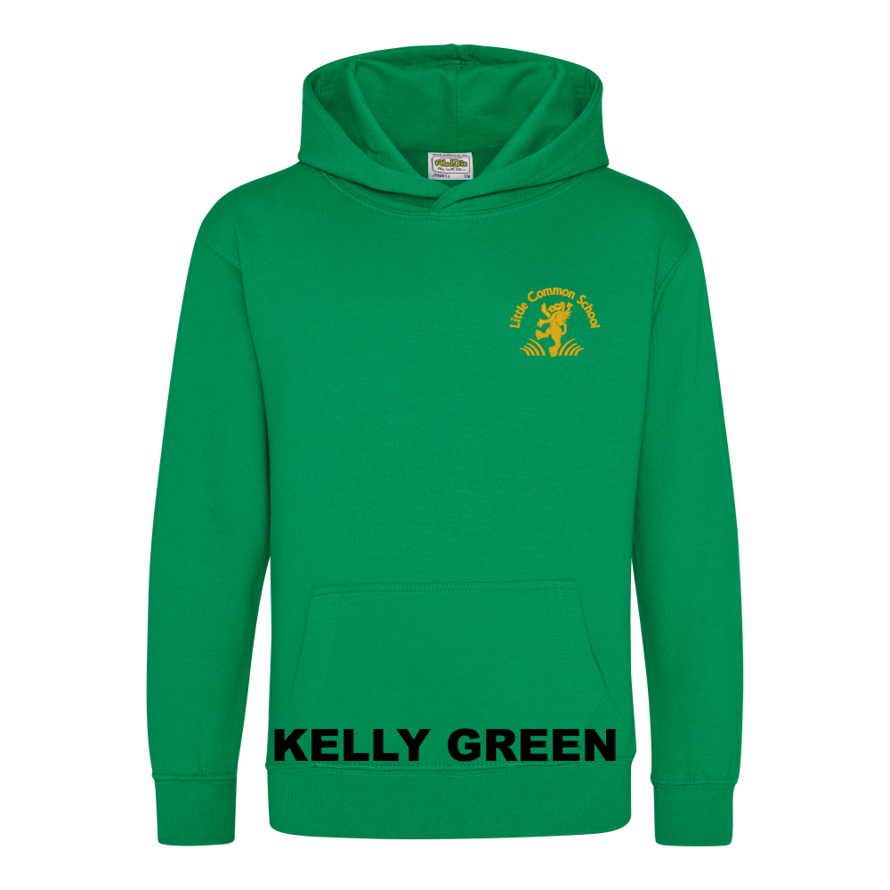 Frontal view of the kelly green colour 2026 leavers' hoodie for Little Common School. The school's emblem is embroidered on the left breast.