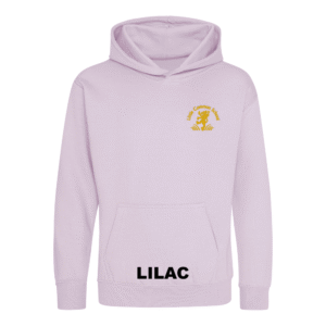 Frontal view of the lilac colour 2026 leavers' hoodie for Little Common School. The school's emblem is embroidered on the left breast.