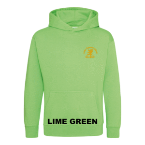 Frontal view of the lime green colour 2026 leavers' hoodie for Little Common School. The school's emblem is embroidered on the left breast.