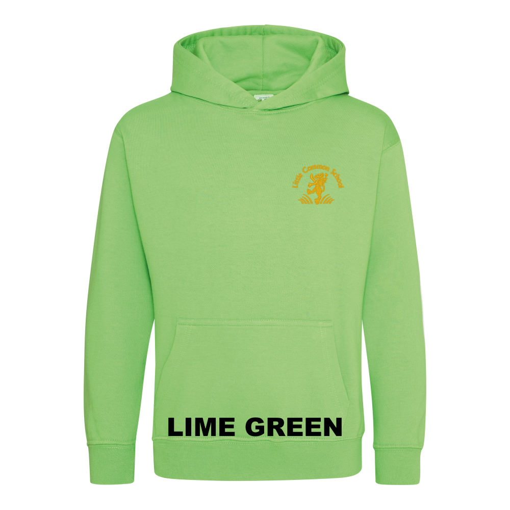 Frontal view of the lime green colour 2026 leavers' hoodie for Little Common School. The school's emblem is embroidered on the left breast.