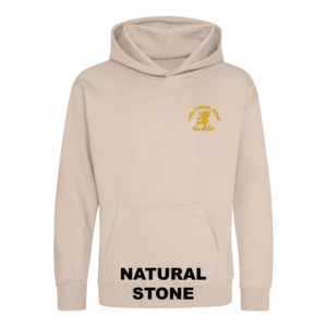 Frontal view of the natural stone beige colour 2026 leavers' hoodie for Little Common School. The school's emblem is embroidered on the left breast.