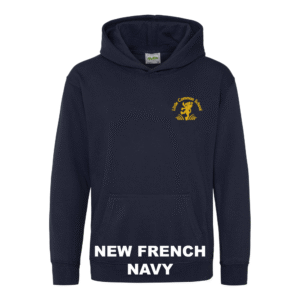 Frontal view of the new French navy colour 2026 leavers' hoodie for Little Common School. The school's emblem is embroidered on the left breast.