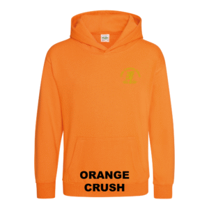 Frontal view of the orange crush colour 2026 leavers' hoodie for Little Common School. The school's emblem is embroidered on the left breast.
