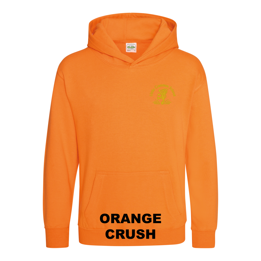 Frontal view of the orange crush colour 2026 leavers' hoodie for Little Common School. The school's emblem is embroidered on the left breast.