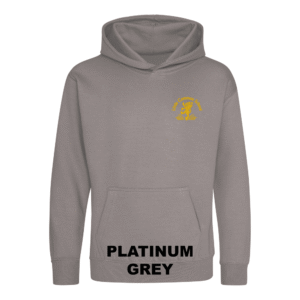 Frontal view of the platinum grey colour 2026 leavers' hoodie for Little Common School. The school's emblem is embroidered on the left breast.