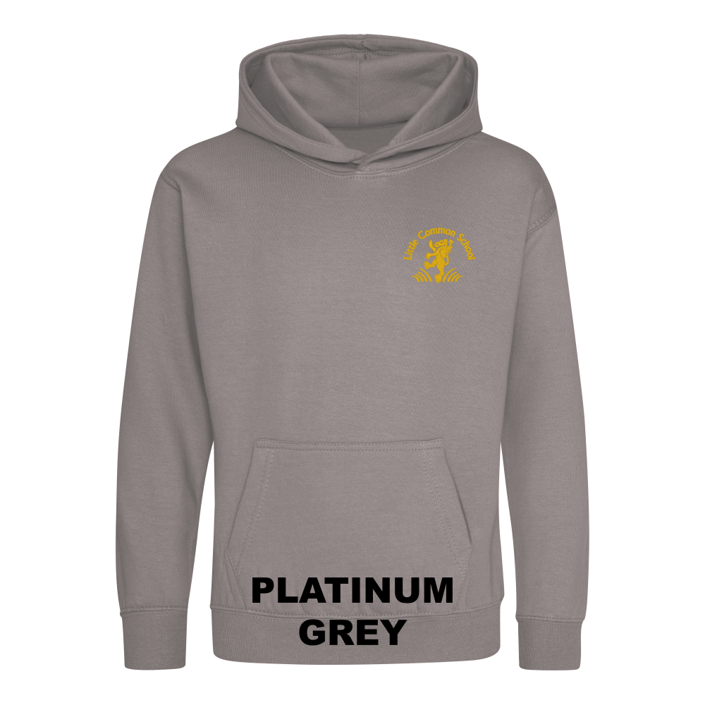 Frontal view of the platinum grey colour 2026 leavers' hoodie for Little Common School. The school's emblem is embroidered on the left breast.
