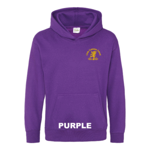 Frontal view of the purple colour 2026 leavers' hoodie for Little Common School. The school's emblem is embroidered on the left breast.