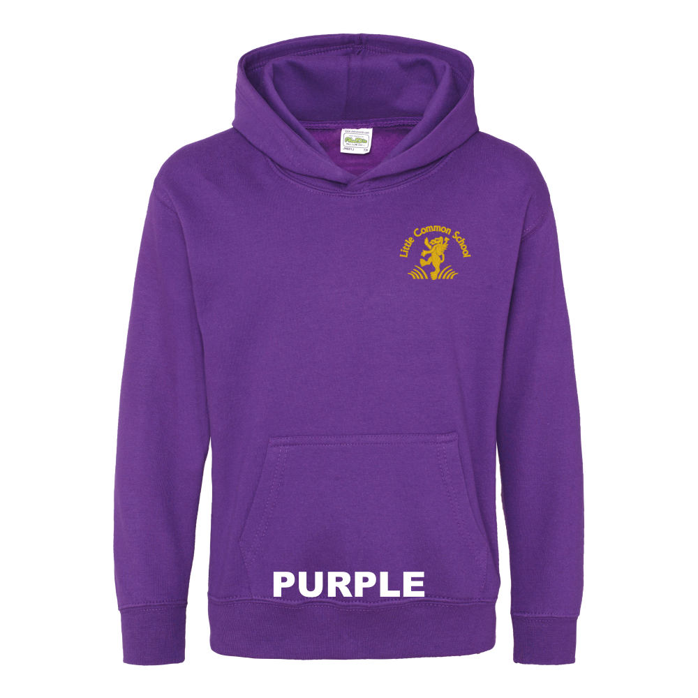 Frontal view of the purple colour 2026 leavers' hoodie for Little Common School. The school's emblem is embroidered on the left breast.
