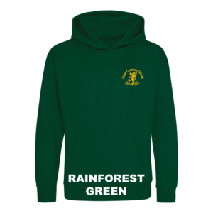 Frontal view of the rainforest green colour 2026 leavers' hoodie for Little Common School. The school's emblem is embroidered on the left breast.