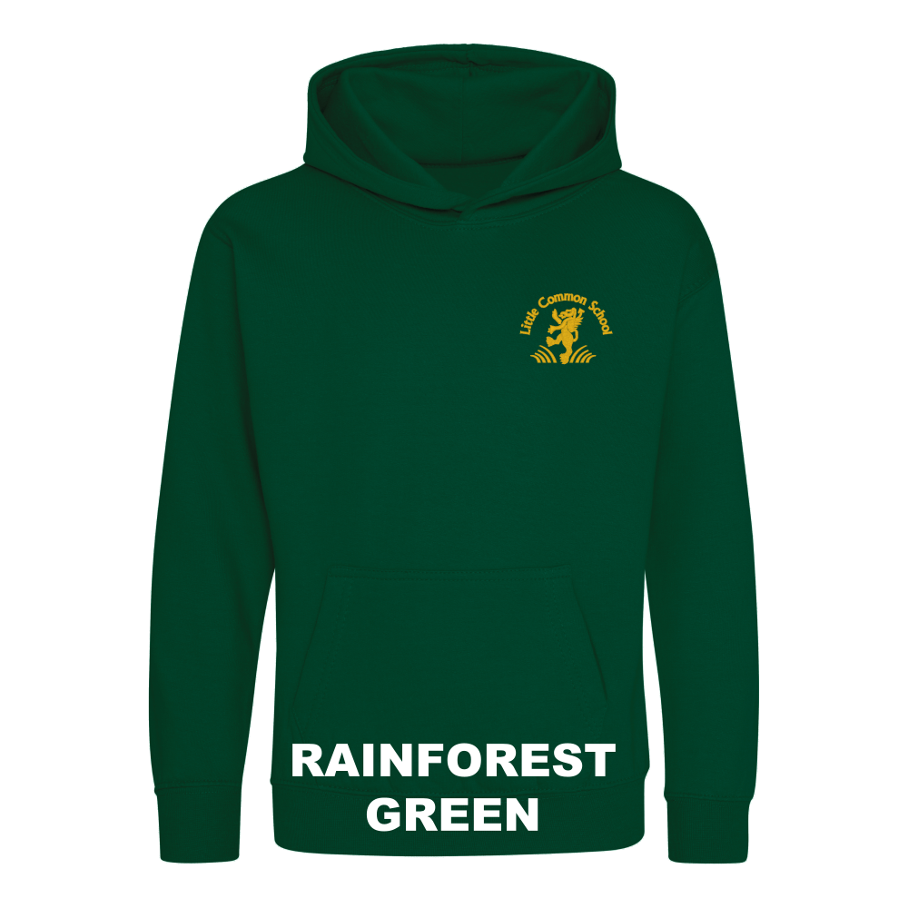 Frontal view of the rainforest green colour 2026 leavers' hoodie for Little Common School. The school's emblem is embroidered on the left breast.