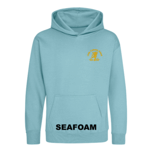 Frontal view of the seafoam blueish-green colour 2026 leavers' hoodie for Little Common School. The school's emblem is embroidered on the left breast.