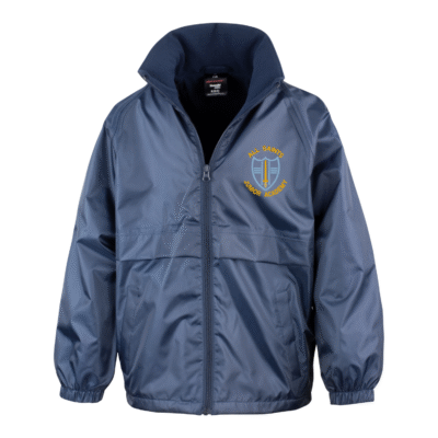 Frontal view of the All Saints Junior Academy navy waterproof jacket with the school's logo embroidered on the left breast.