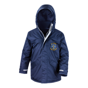 Frontal view of the All Saints Junior Academy navy winter coat with the school's logo embroidered on the left breast.