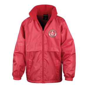 Frontal view of the Battle & Langton red waterproof jacket with the school's emblem embroidered on the left breast.