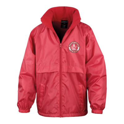 Frontal view of the Battle & Langton red waterproof jacket with the school's emblem embroidered on the left breast.