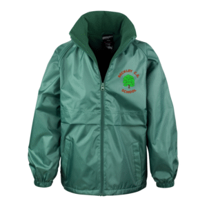 Frontal view of the Beckley Primary School bottle green waterproof jacket with the school's logo embroidered on the left breast.