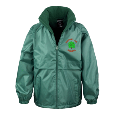 Frontal view of the Beckley Primary School bottle green waterproof jacket with the school's logo embroidered on the left breast.