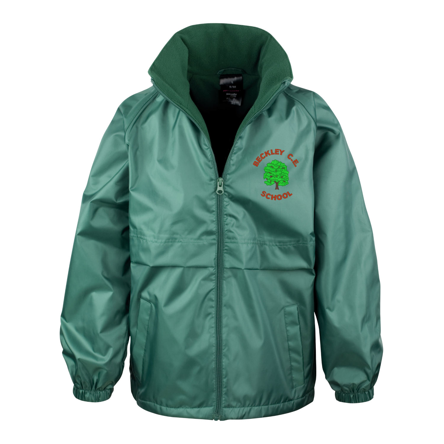 Frontal view of the Beckley Primary School bottle green waterproof jacket with the school's logo embroidered on the left breast.