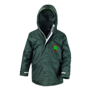 Frontal view of the Beckley Primary School bottle green winter coat with the school's logo embroidered on the left breast.