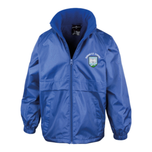 Frontal view of the Bodiam Primary School royal blue waterproof jacket with the school's logo embroidered on the left breast.