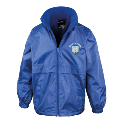 Frontal view of the Bodiam Primary School royal blue waterproof jacket with the school's logo embroidered on the left breast.