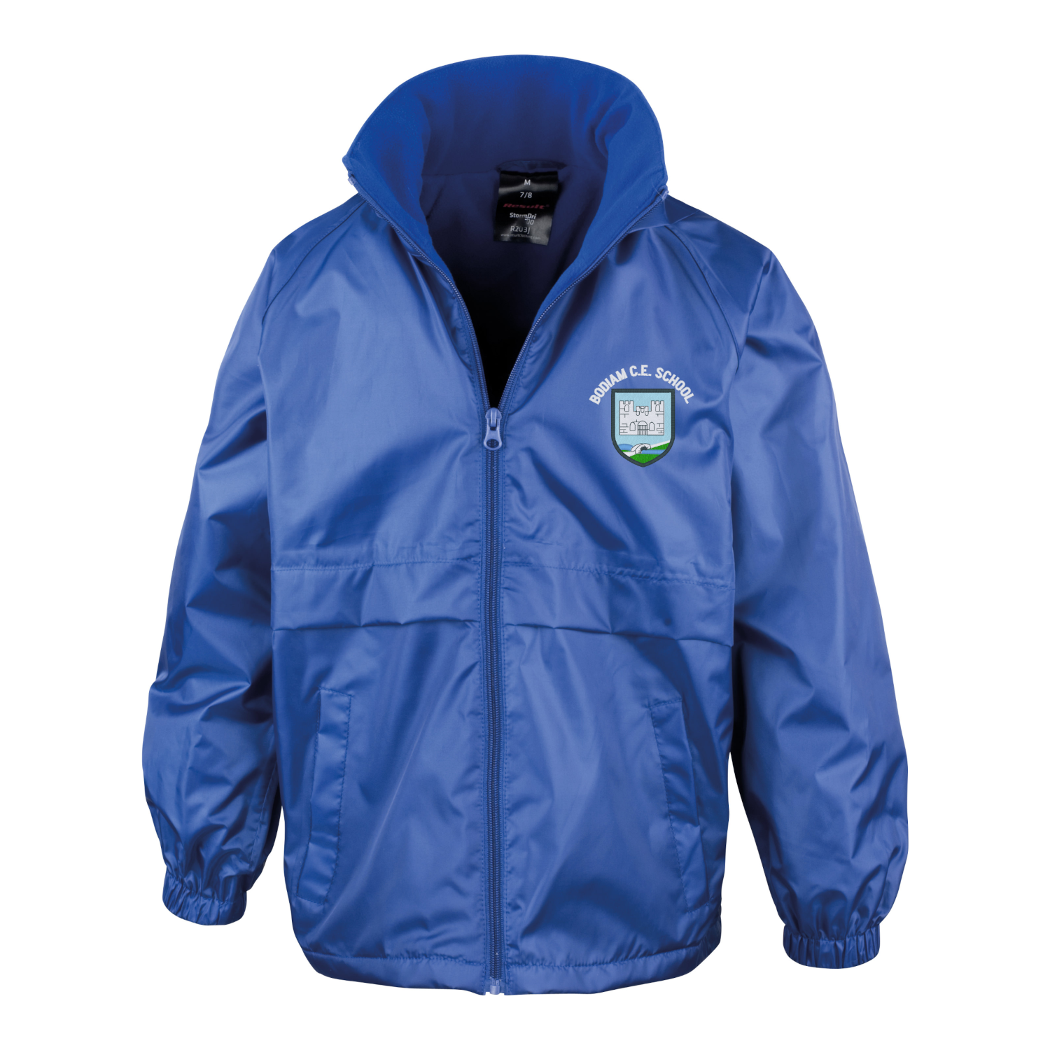 Frontal view of the Bodiam Primary School royal blue waterproof jacket with the school's logo embroidered on the left breast.