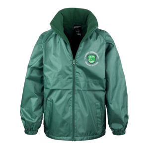 Frontal view of the Chantry Primary School bottle green waterproof jacket with the school's logo embroidered on the left breast.