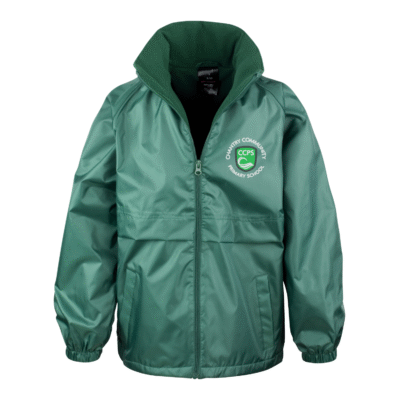 Frontal view of the Chantry Primary School bottle green waterproof jacket with the school's logo embroidered on the left breast.