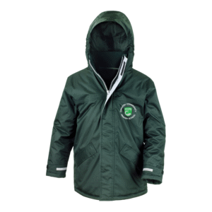 Frontal view of the Chantry Primary School bottle green winter coat with the school's logo embroidered on the left breast.