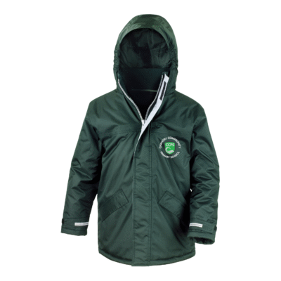 Frontal view of the Chantry Primary School bottle green winter coat with the school's logo embroidered on the left breast.