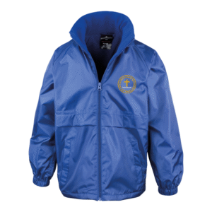 Frontal view of the Christ Church Primary Academy royal blue waterproof jacket with the school's logo embroidered on the left breast.